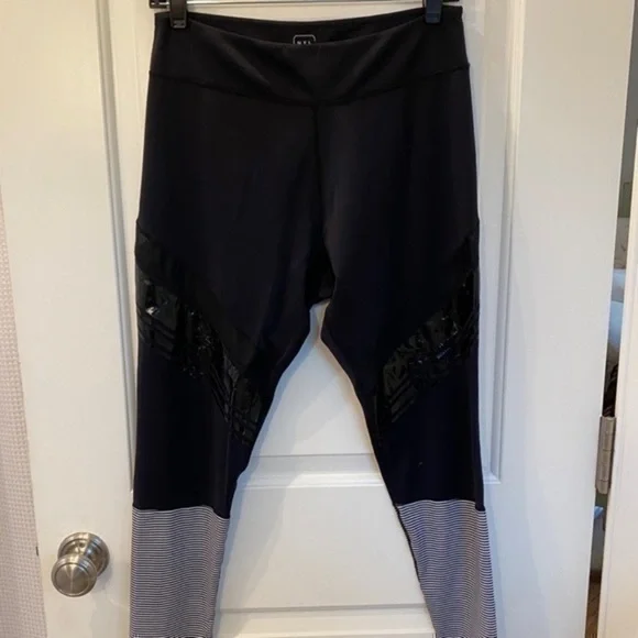 Nylora high rise Black leather stripe and Gray and white stripe workout Leggings